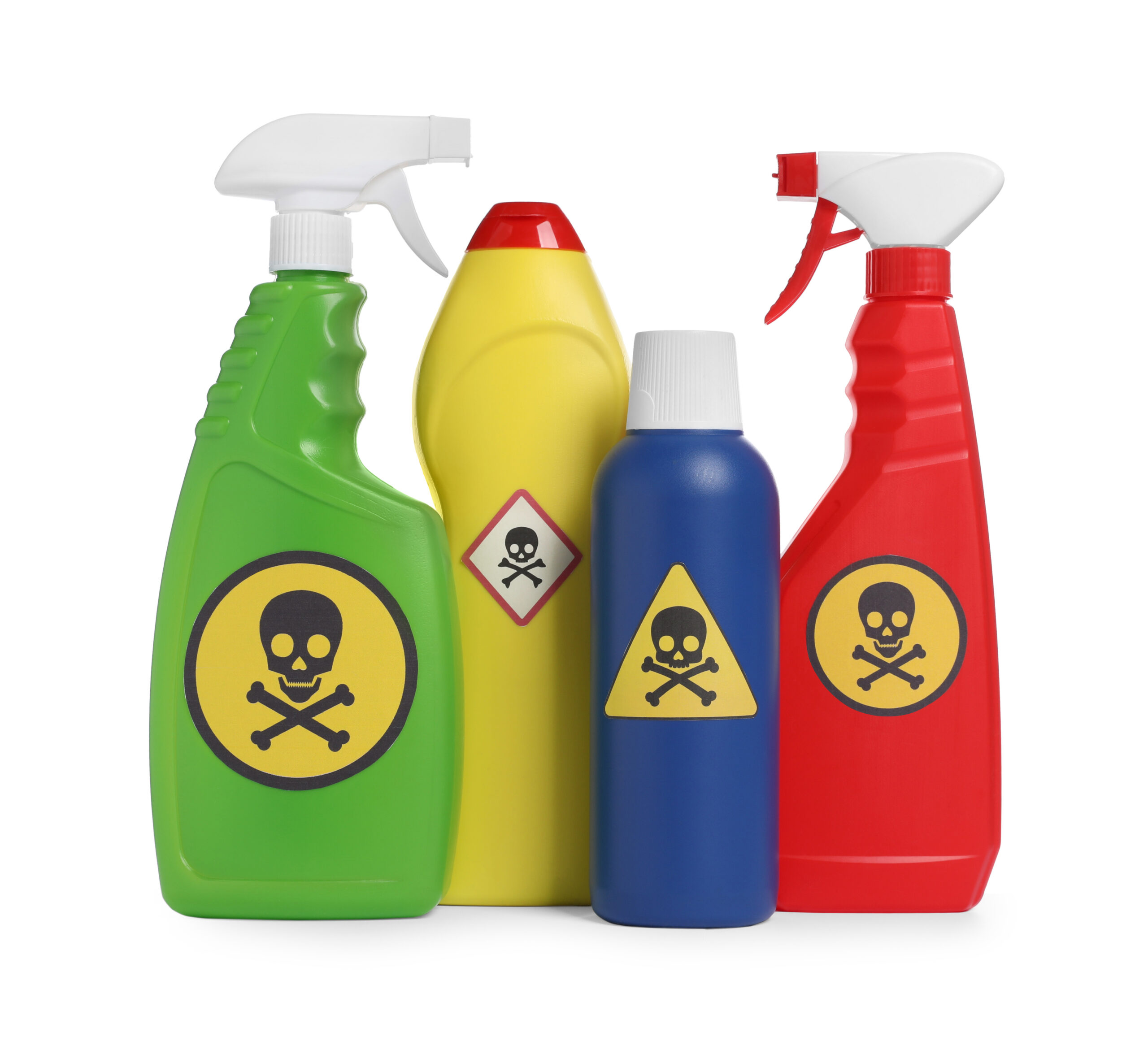 Bottles of toxic household materials.